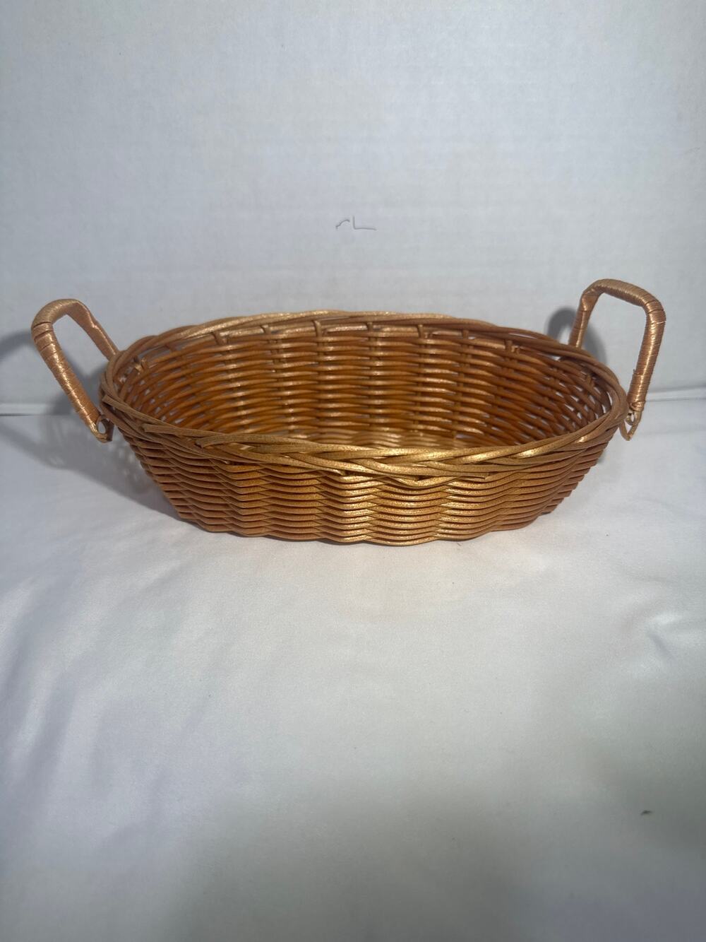 Woven Wicker Basket 9x6 Oval Natural Brown Double Folding Handles Basket